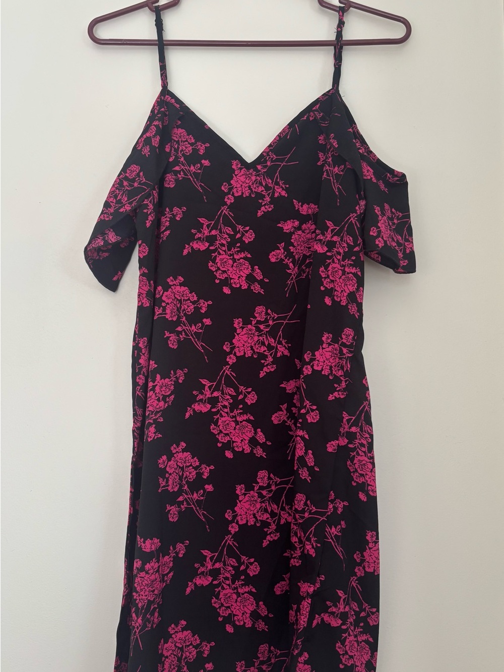 SHEIN Black Dress with Hot Pink Floral One-Shoulder Straps